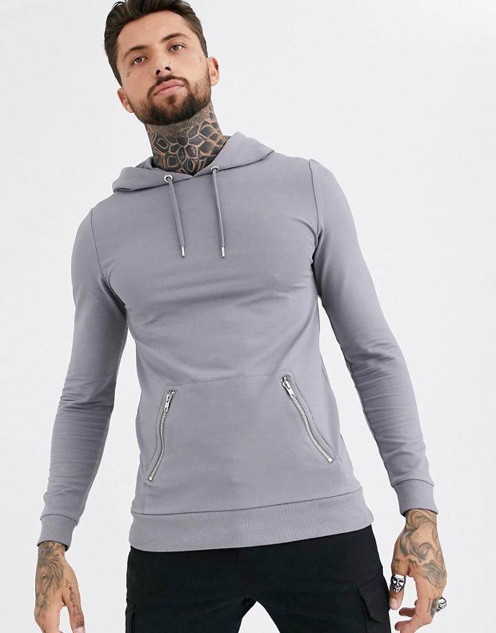 Asos Design Muscle Hoodie In Gray With Silver Zip Pockets