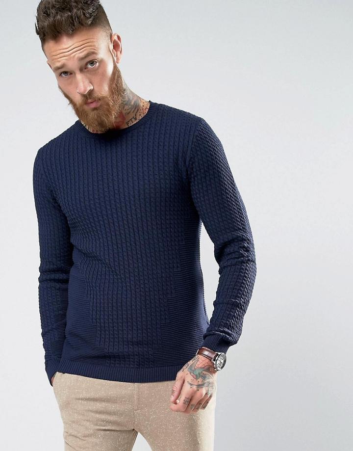 Asos Sweater With Rib Details In Muscle Fit - Navy