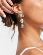 Topshop Flower And Pearl Drop Earrings In Gold And Blue-blues