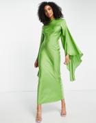 Asos Design Satin Maxi Dress With Extreme Drape Sleeve And Open Back In Olive-green