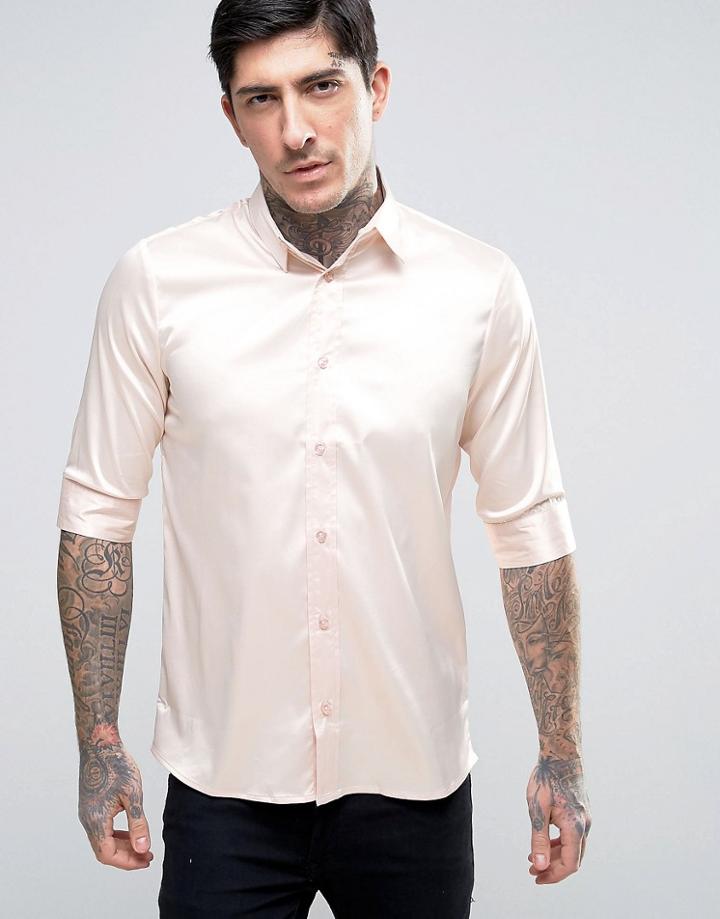 Rogues Of London Skinny Satin Shirt - Pink