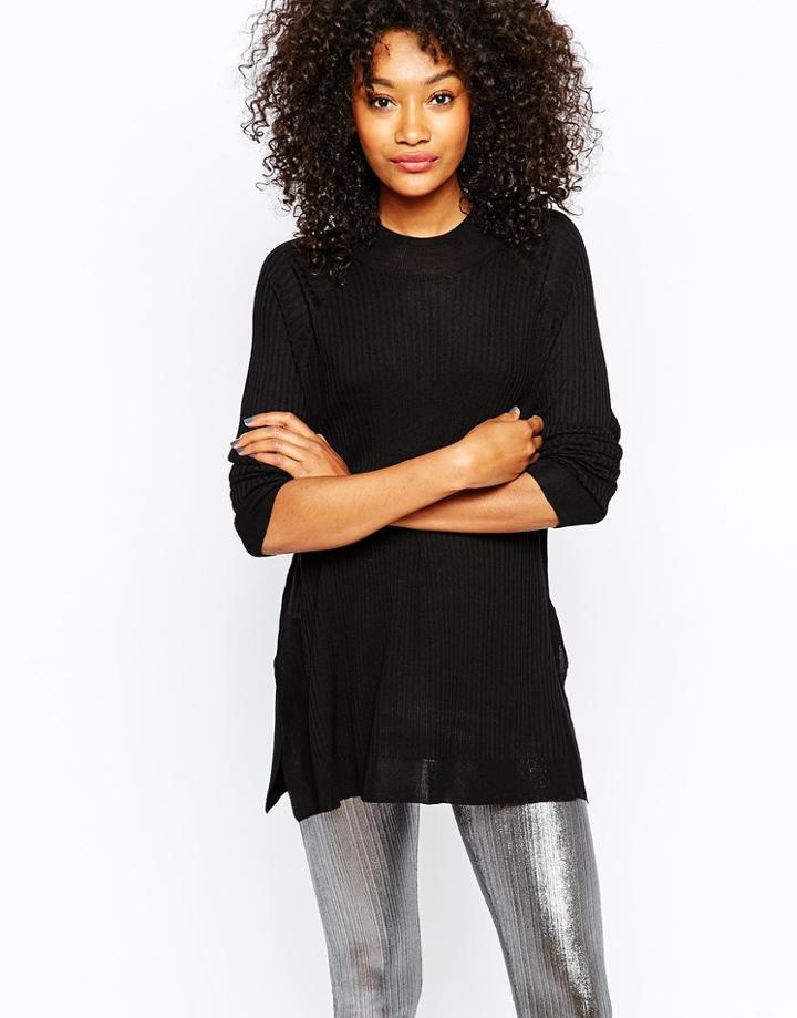 Monki Side Split Rib Top - Black