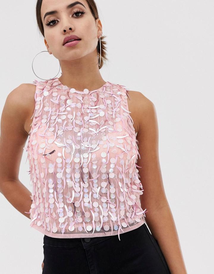 Asos Design Disco Sequin Sleeveless Crop Top - Pink