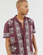 Asos Design Regular Fit Shirt With Cross Stich Floral Embroidery In Burgundy-red