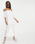 Asos Design Off Shoulder Puff Sleeve Button Front Jumpsuit In White Broderie