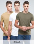 Asos 3 Pack T-shirt In White/beige/green With Crew Neck Save - Multi