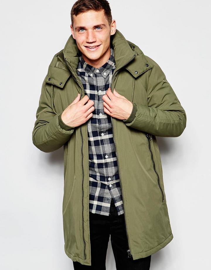 Asos Hooded Parka Jacket With Zips In Khaki - Olive