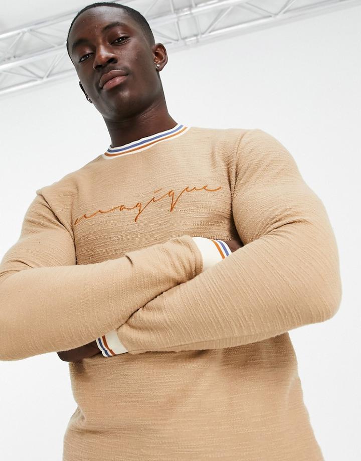 Asos Design Long Sleeve T-shirt In With Embroidery-brown