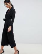 Asos Design Plunge Neck Jumpsuit With Tie Waist And Culotte Leg-black