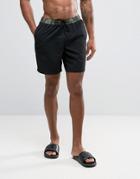 Asos Swim Shorts With Camo Waistband In Mid Length - Black