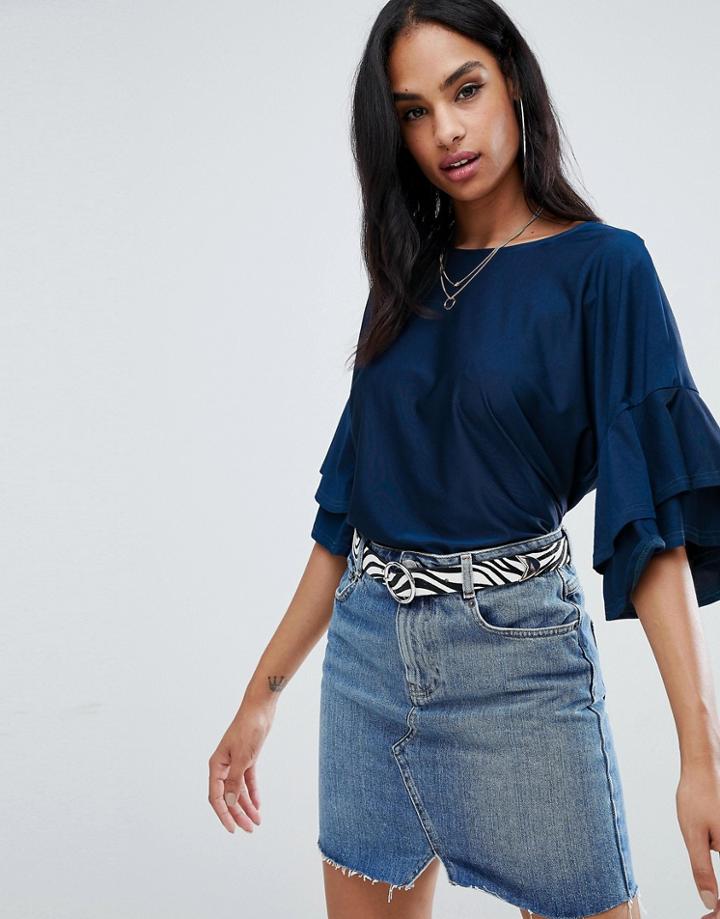 Ax Paris Ruffle Sleeve Printed Top - Navy