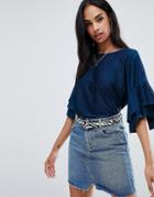 Ax Paris Ruffle Sleeve Printed Top - Navy