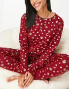 Chelsea Peers Petite Poly Long Sleeve Top And Jogger Pyjama Set In Wine And Gold Foil Celestial Print - Burgundy-red