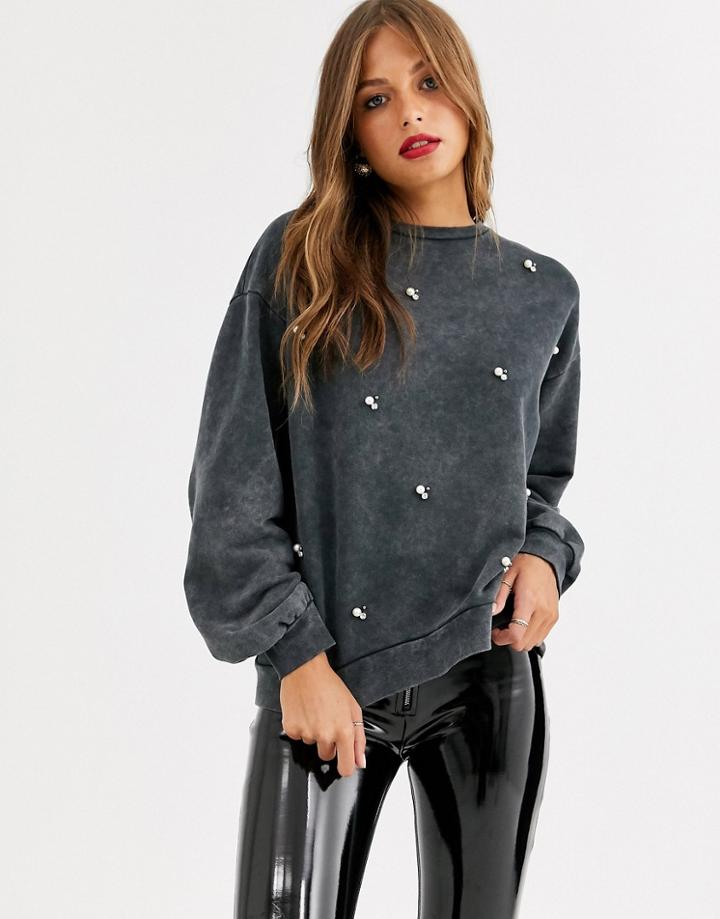 Stradivarius Pearl Detail Sweatshirt In Gray