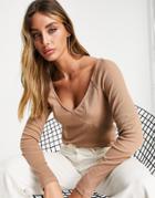 Vila Wrap Top With Long Sleeves In Camel-neutral