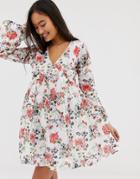 Qed London Smock Dress In Floral Print - White