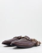 Asos Design Backless Mule Loafers In Brown Faux Leather With Faux Fur