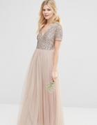 Maya Petite V Neck Maxi Tulle Dress With Tonal Delicate Sequins - Cream