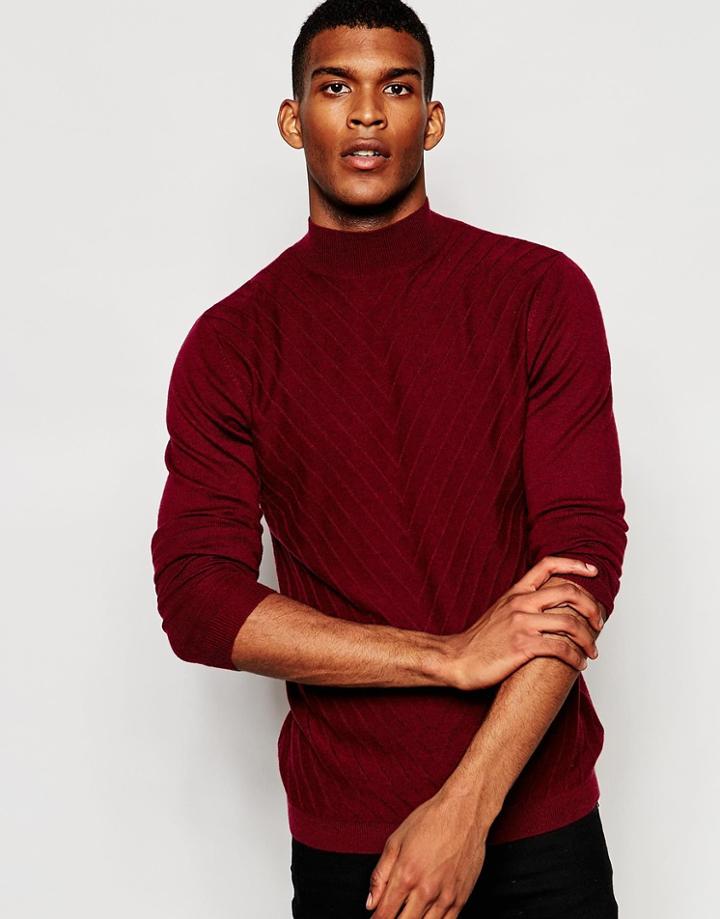 Asos Chevron Design Jumper In Merino Wool Mix - Burgundy