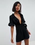 Asos Tea Romper With Square Neck And Ruffle Detail - Black