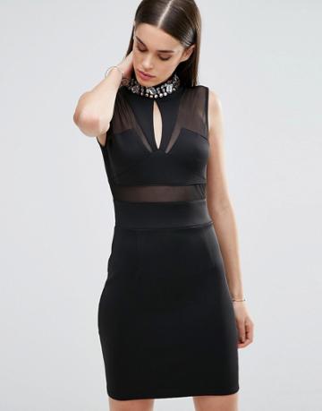 Sistaglam Bodycon Dress With Mesh Insert And Embellished Neckline - Black