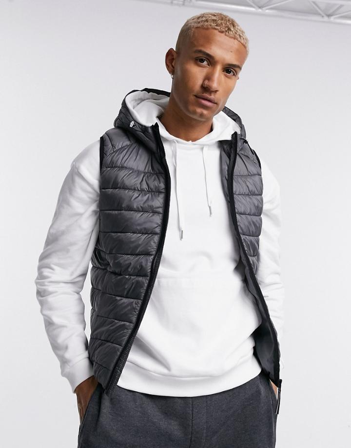 Bershka Padded Vest With Hood In Gray-grey
