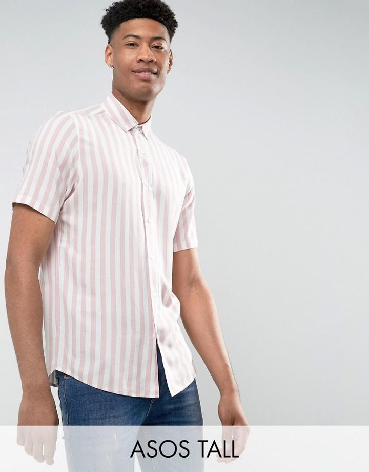 Asos Tall Regular Fit Viscose Stripe Shirt In Pink - Pink