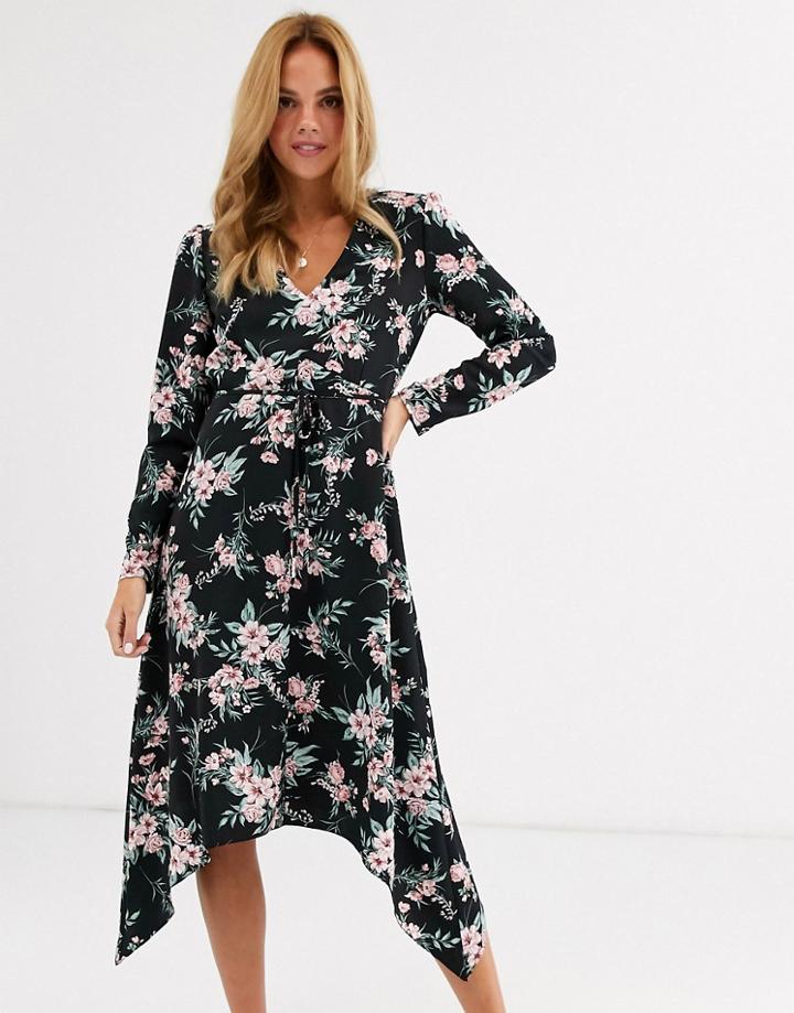 Miss Selfridge Midi Dress With V Neck In Black Floral