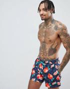 Boss Threadfin Swim Shorts In Pomegranate Print - Navy