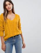 Fashion Union Relaxed Sweater In Cable Knit - Yellow