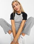 Asos Design Fitted Crop Top With Contrast Raglan Sleeve In Gray And Black-multi