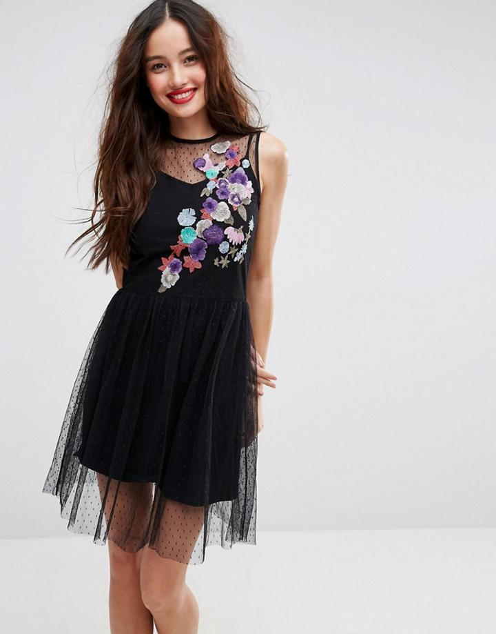 Asos Sleeveless Embroidered Dobby Mesh Skater Dress - Black