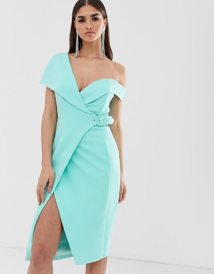 Lavish Alice Off Shoulder Midi Dress With Belt Detail In Mint - Green