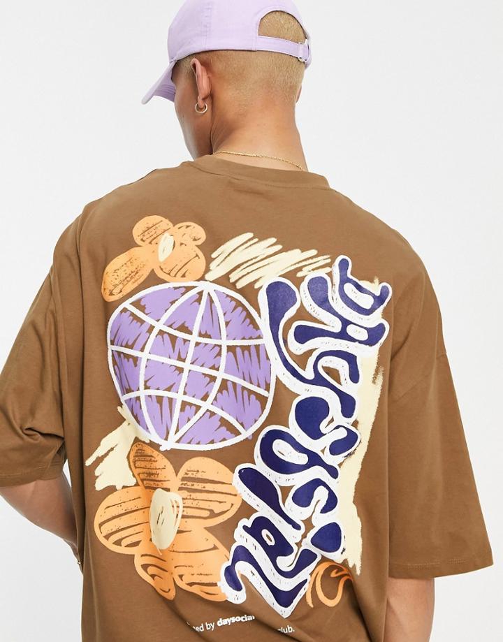 Asos Daysocial Oversized T-shirt With Large Back Graphic Scribble Print And Logo In Brown