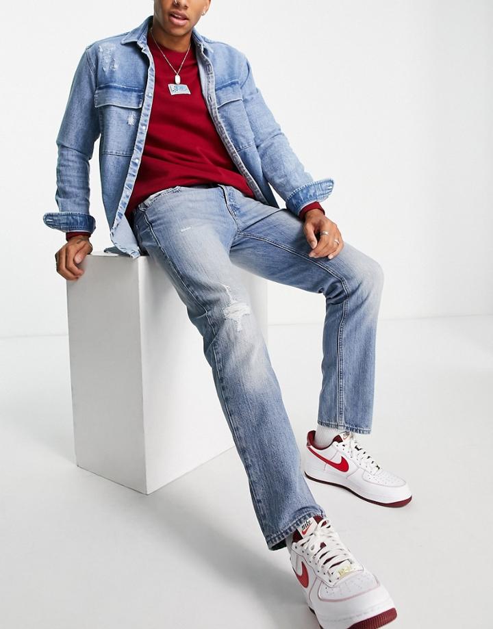 Jack & Jones Intelligence Mike Relaxed Tapered Fit Jeans With Rips In Midwash Blue-blues