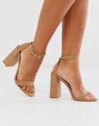 Asos Design Highlight Barely There Block Heeled Sandals In Beige - Beige