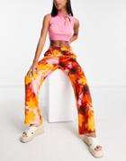 River Island Wide Leg Satin Pants In Orange Floral Print
