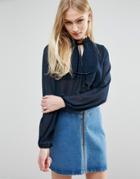 Qed London Blouse With Bib Front - Navy
