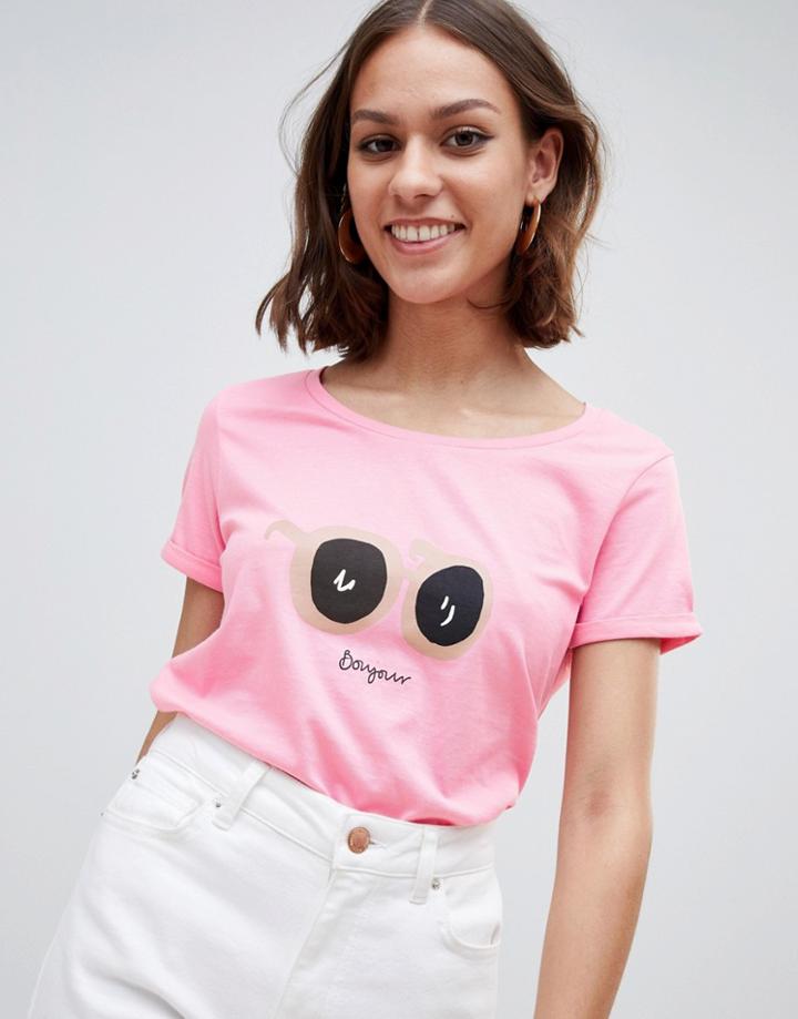 Ichi Sunglasses Print T-shirt - Pink