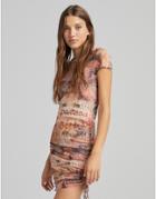 Bershka Mesh Printed Ruched Dress In Beige-neutral