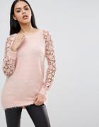 Pussycat London Sweater With Lace Sleeves - Pink