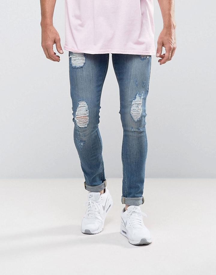 Asos Extreme Super Skinny Jeans In Light Wash With Rips - Blue