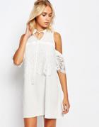 Fashion Union Cold Shoulder Dress With Lace Floral Detail - White