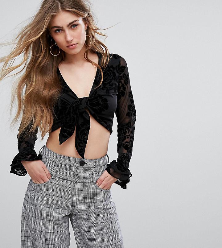 River Island Tie Front Velvet Crop Top - Black