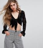 River Island Tie Front Velvet Crop Top - Black