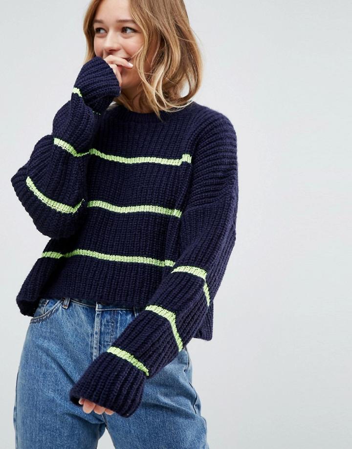 Asos Chunky Sweater With Contrast Ladder Stitch - Navy