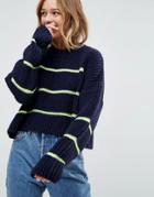 Asos Chunky Sweater With Contrast Ladder Stitch - Navy