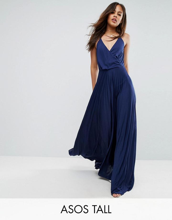 Asos Tall Blouson Wrap Pleated Maxi Dress - Navy