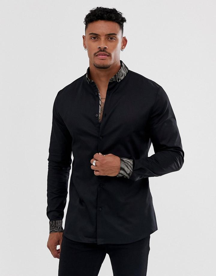 River Island Shirt With Leopard Collar In Black - Black