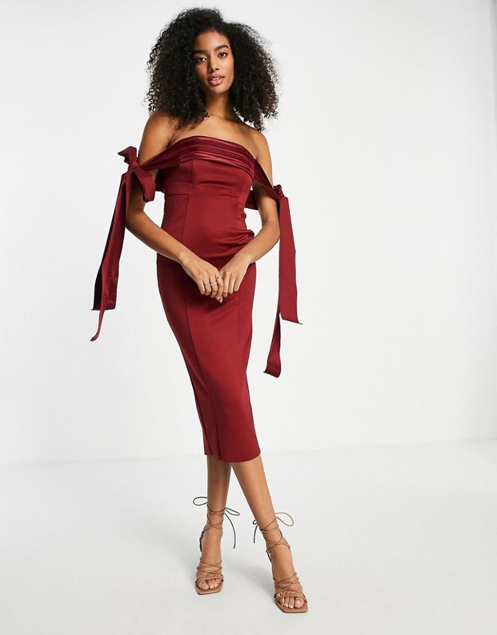 Asos Design Satin Tie Off Shoulder Seamed Pencil Midi Dress In Oxblood-red